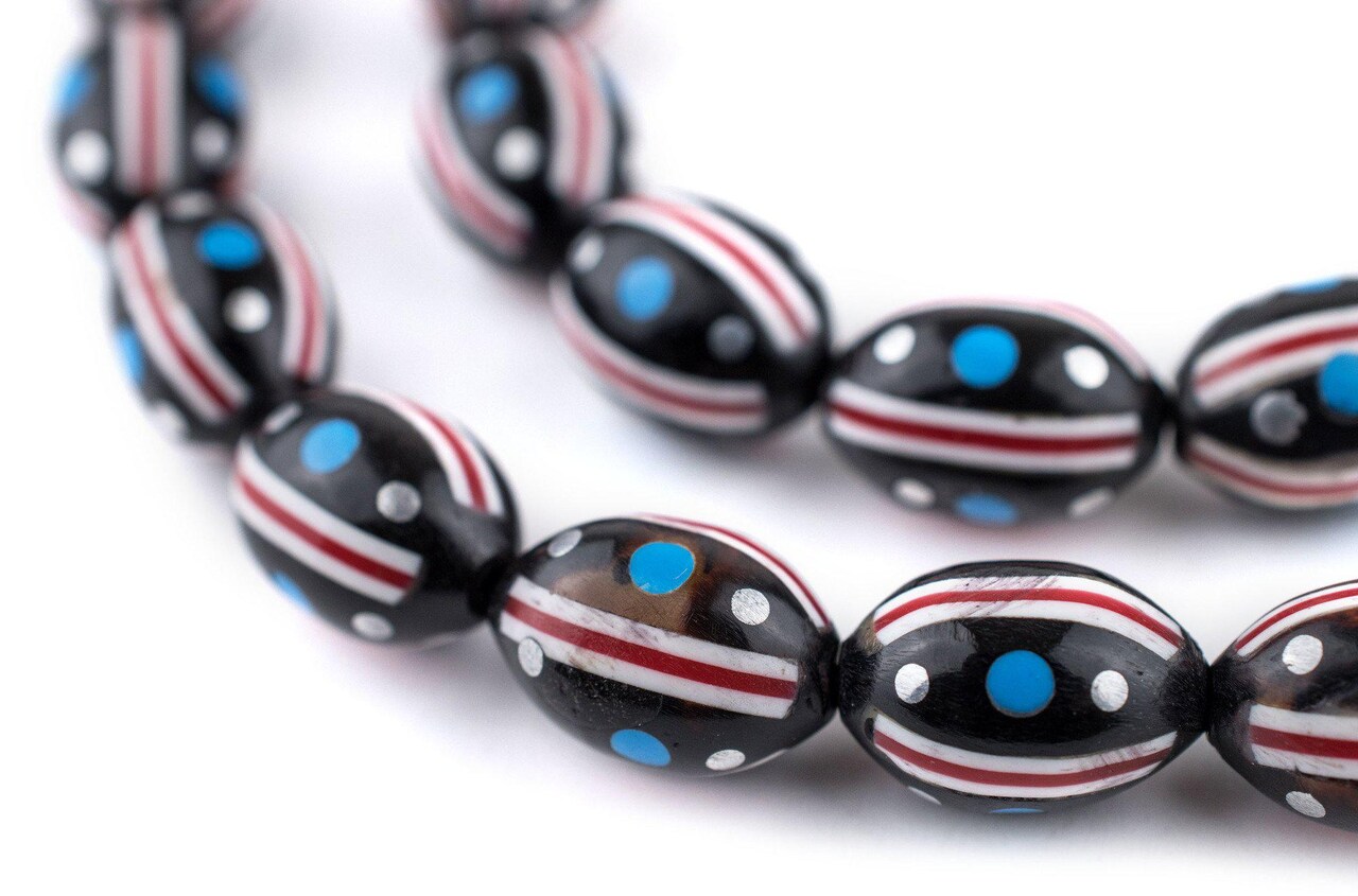 33 Red, White & Blue Inlaid Arabian Prayer Beads (14x9mm), Islamic Tasbih, Ramadan Gift, Quality Middle Eastern Beads - The Bead Chest